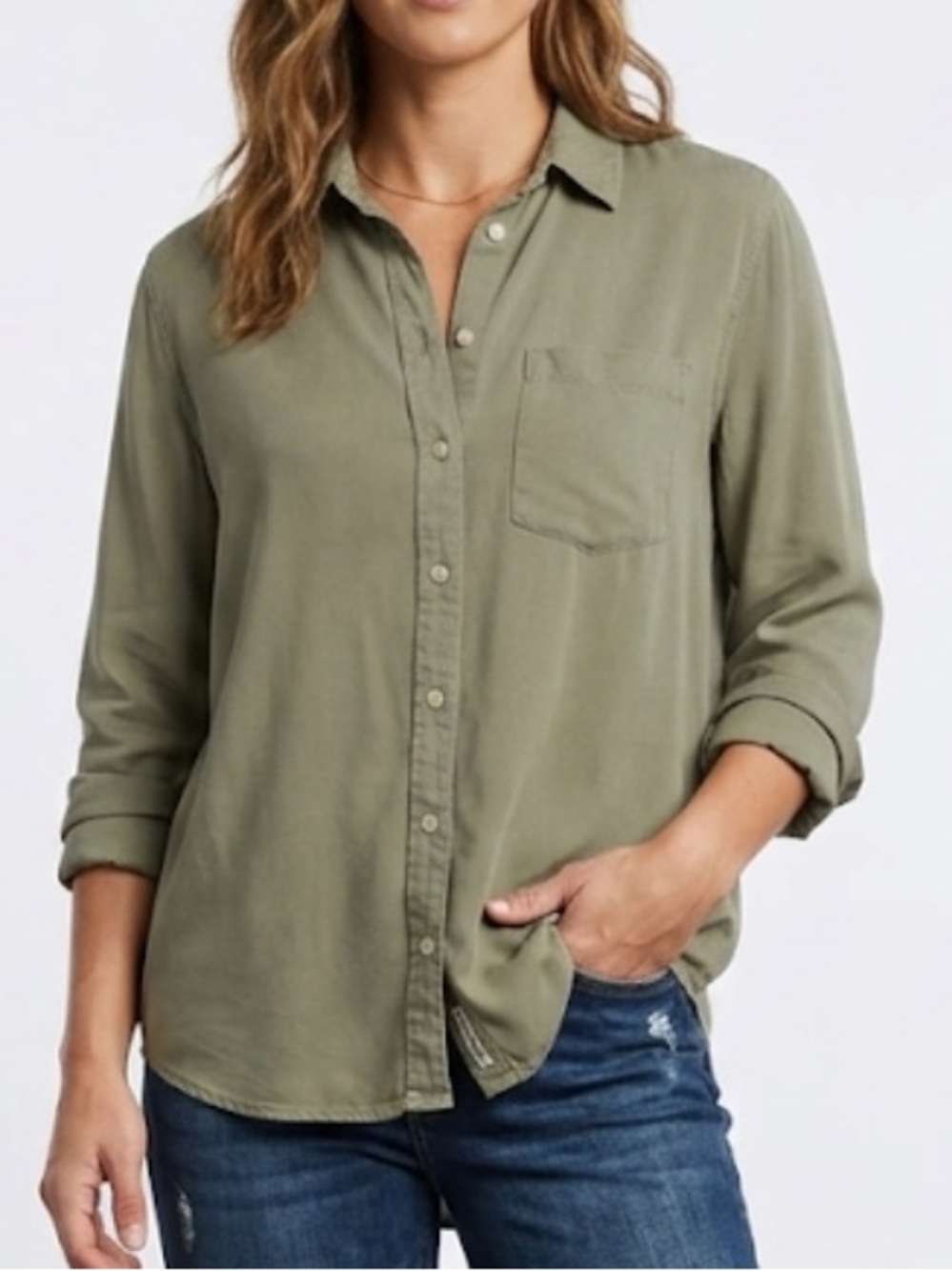 Calvin Klein Jeans Olive Green 100% Viscose Button Down Shirt M